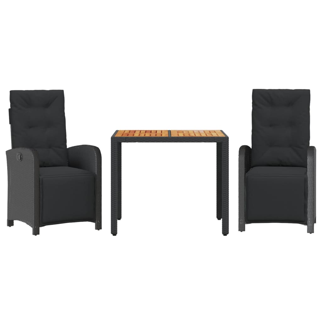 3-dijelni bistro set s jastucima crni od poliratana