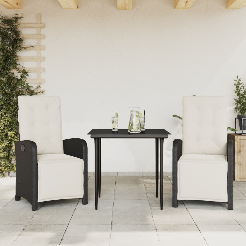 3-dijelni bistro set s jastucima crni od poliratana