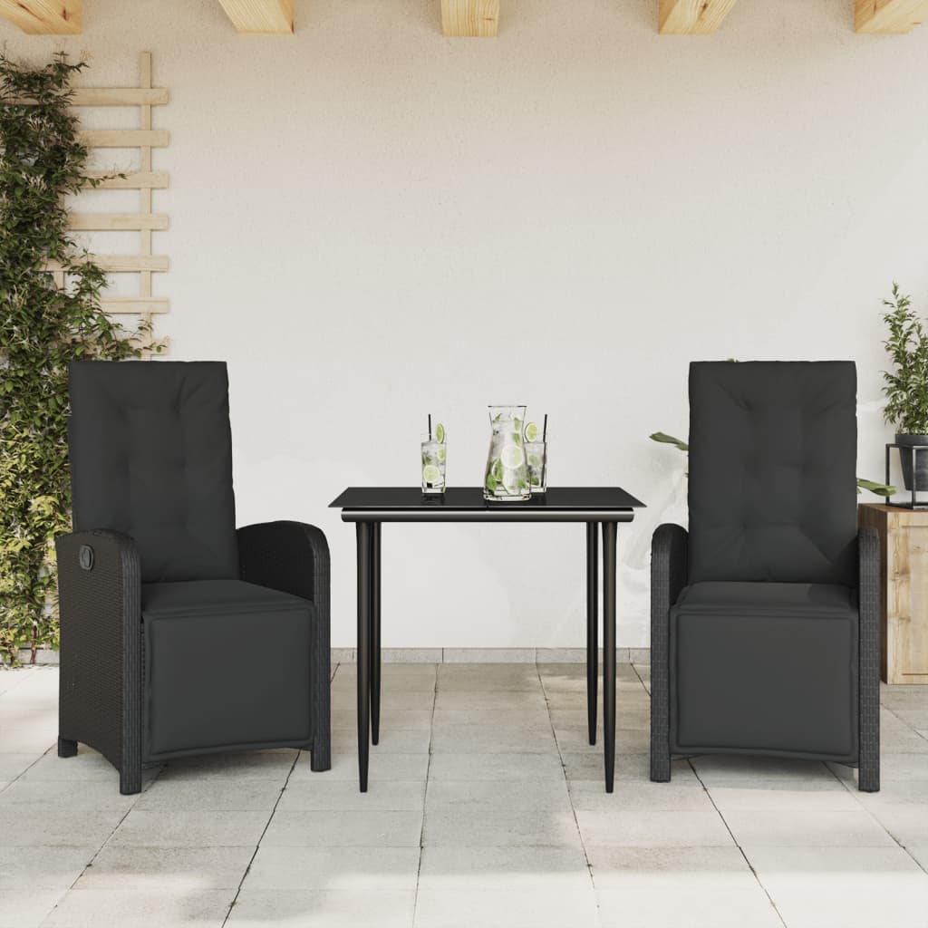 3-dijelni bistro set s jastucima crni od poliratana