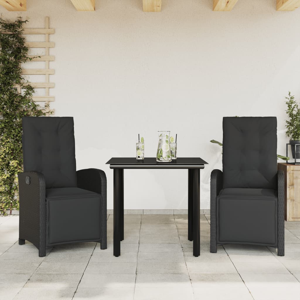 3-dijelni bistro set s jastucima crni od poliratana