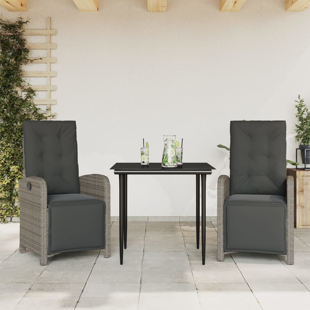 3-dijelni bistro set od poliratana s jastucima sivi