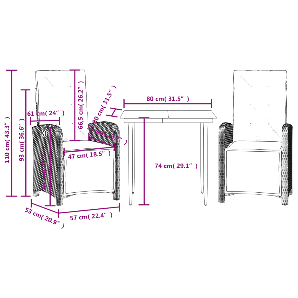 3-dijelni bistro set s jastucima bež od poliratana