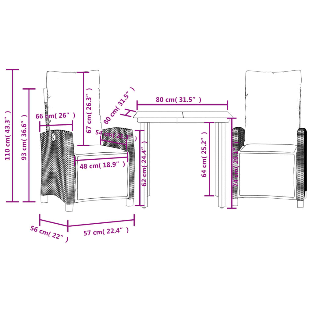 3-dijelni vrtni blagovaonski set od poliratana s jastucima bež