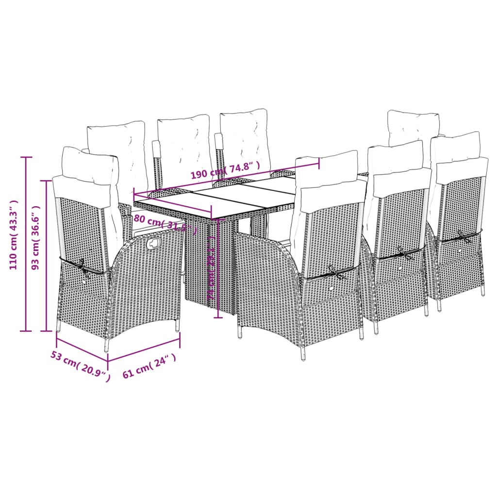 9-dijelni vrtni blagovaonski set s jastucima crni od poliratana