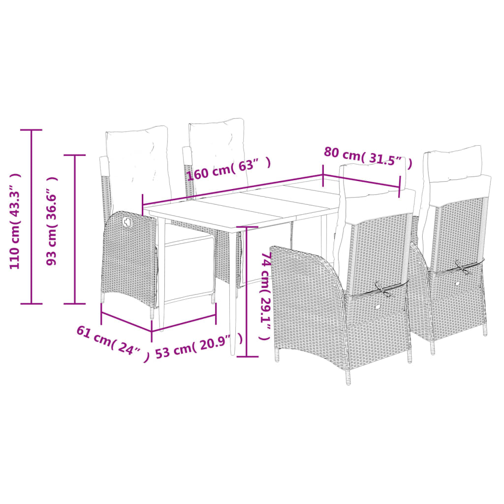 5-dijelni vrtni blagovaonski set s jastucima poliratan smeđi