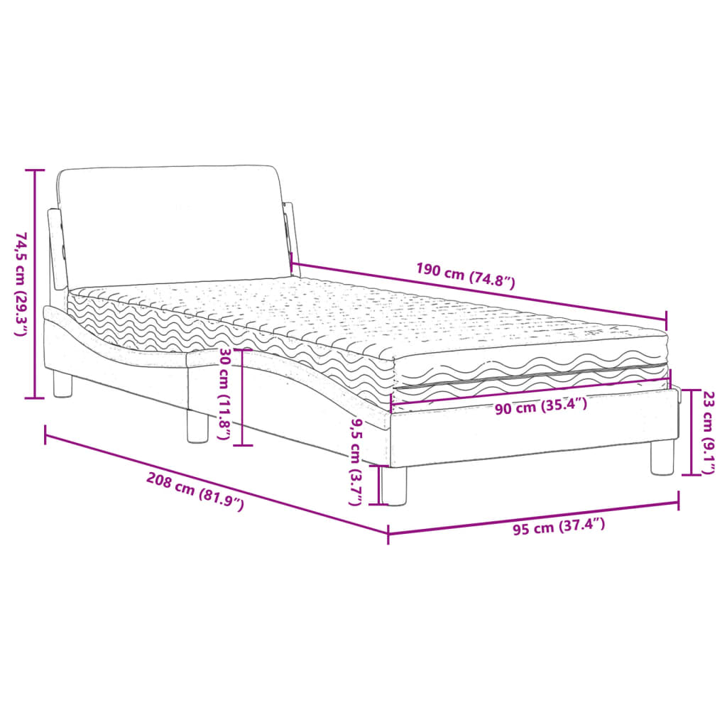 Krevet s madracem Dover crni 90x190 cm baršunasti