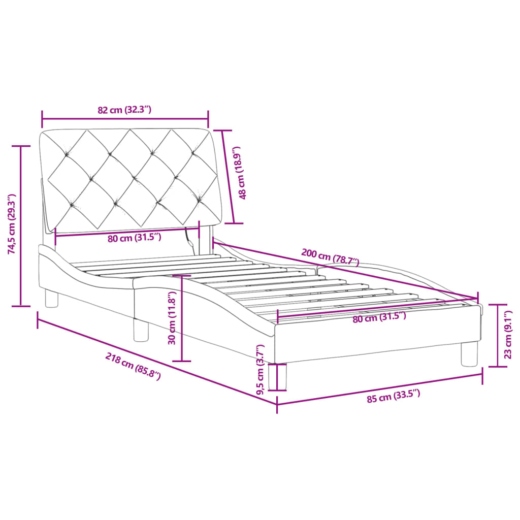 Okvir kreveta s LED-om bez madraca tamnosivi 80 x 200 cm baršunasti