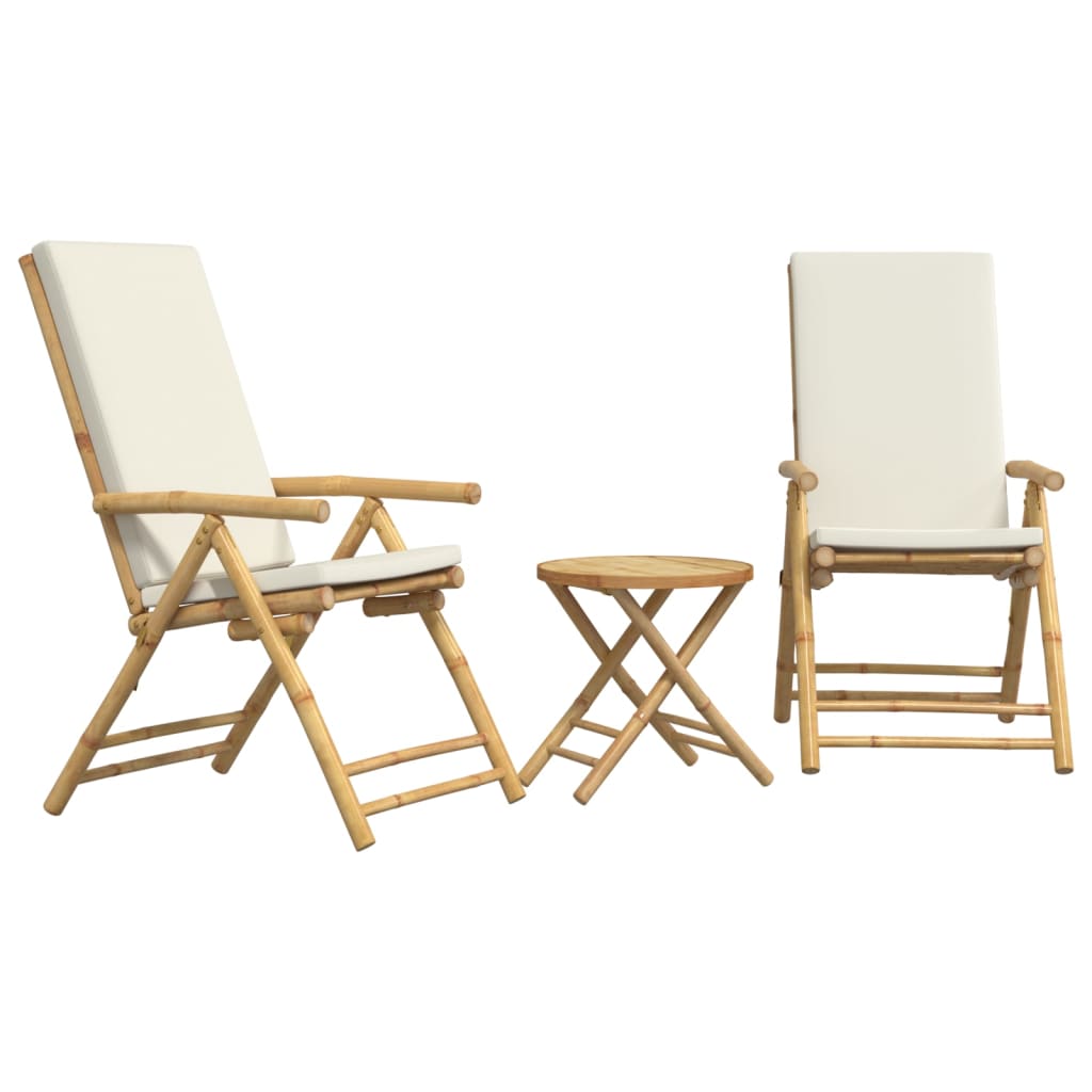 3-dijelni sklopivi bistro set s krem bijelim jastucima bambus