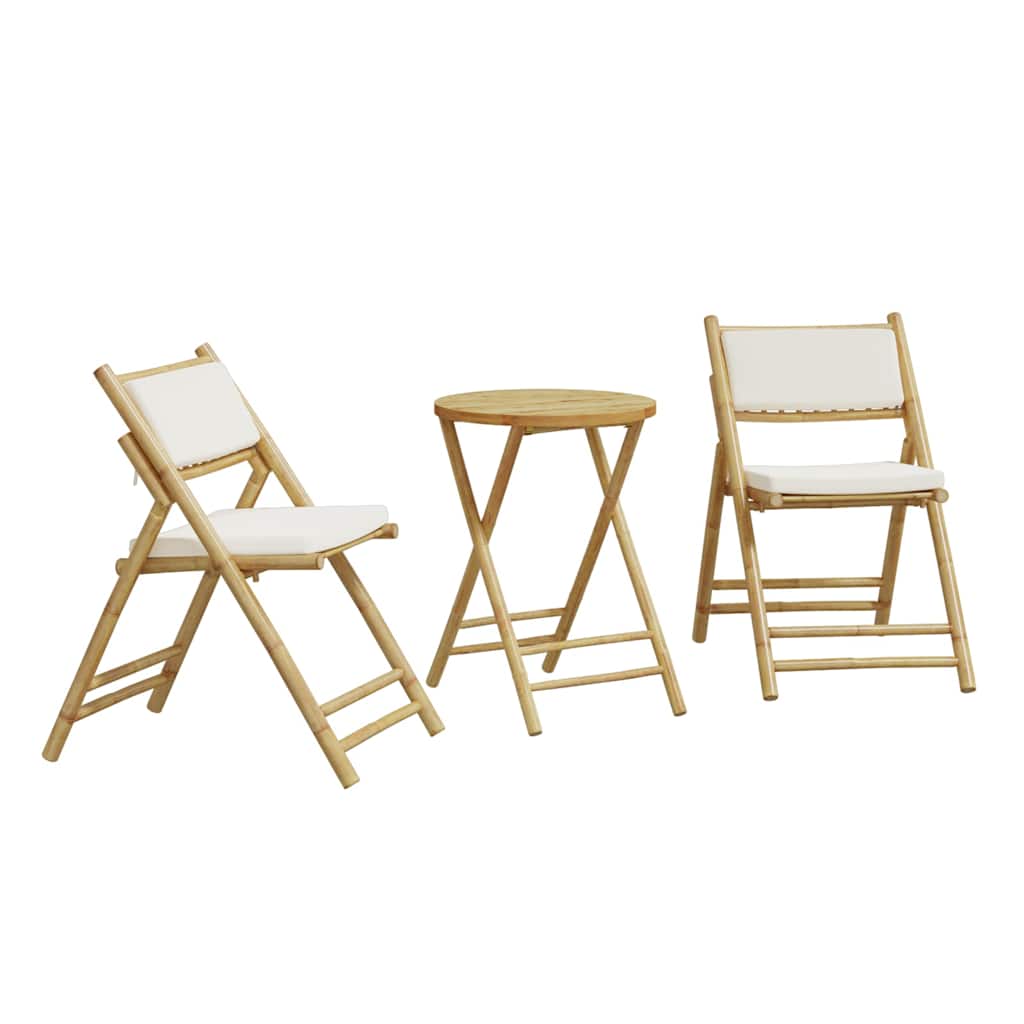 3-dijelni sklopivi bistro set s krem bijelim jastucima bambus