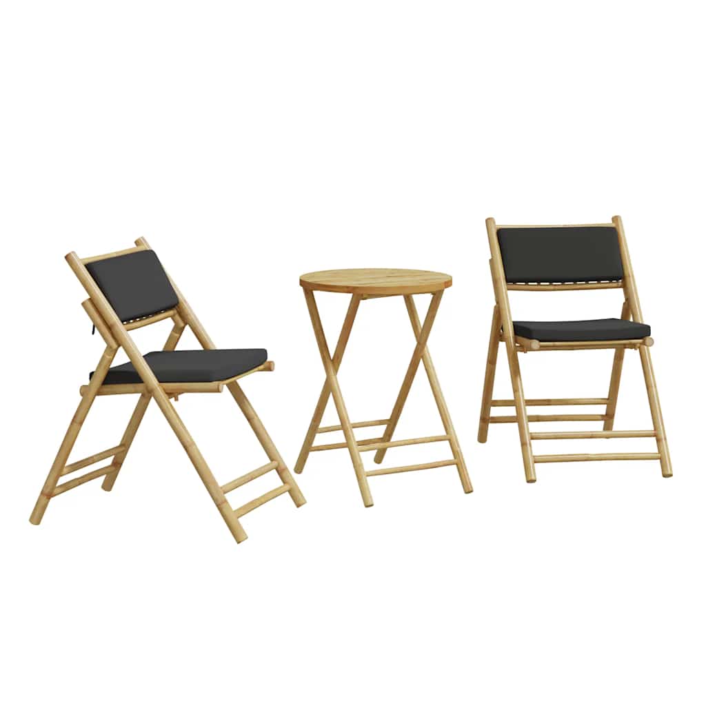 3-dijelni sklopivi bistro set s tamnosivim jastucima bambus