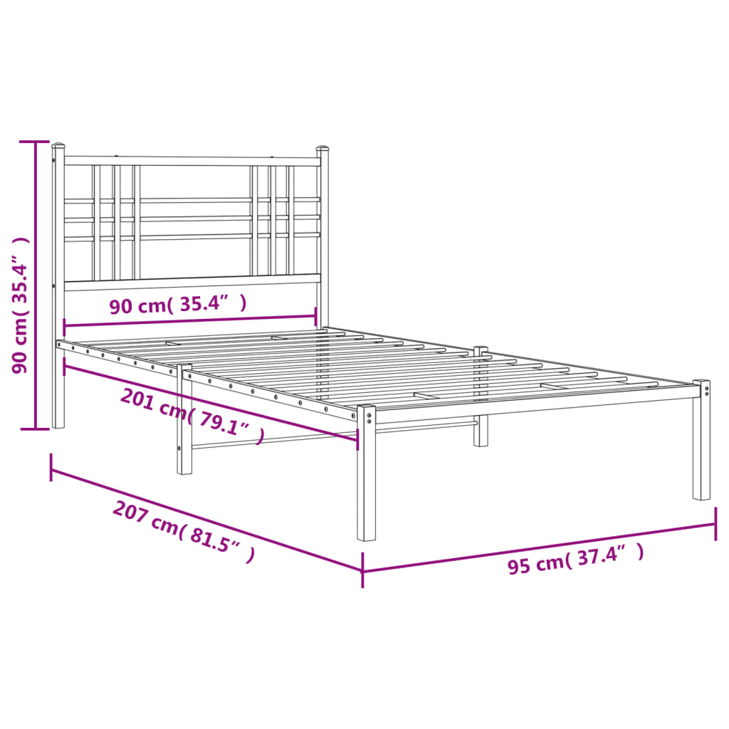 Metalni okvir za krevet s uzglavljem crni 90x200 cm