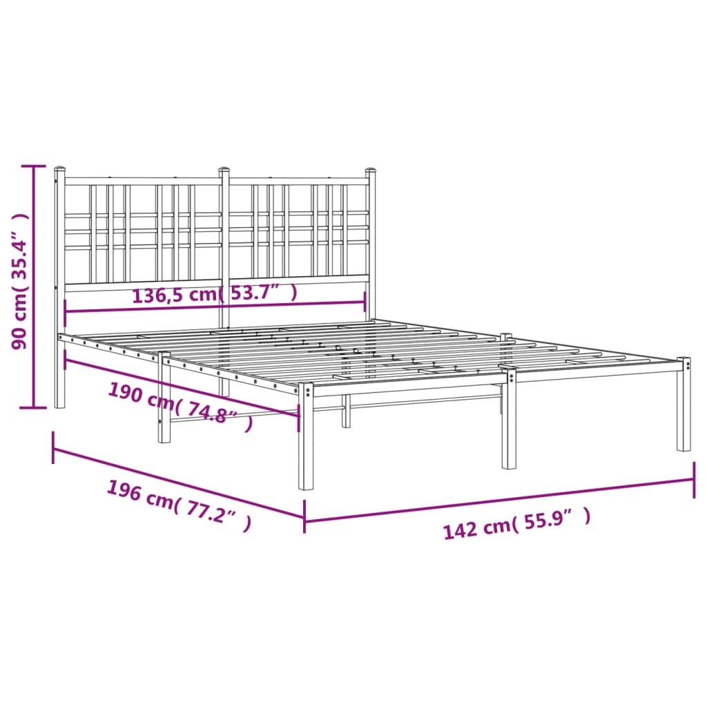 Metalni okvir za krevet s uzglavljem crni 135x190 cm