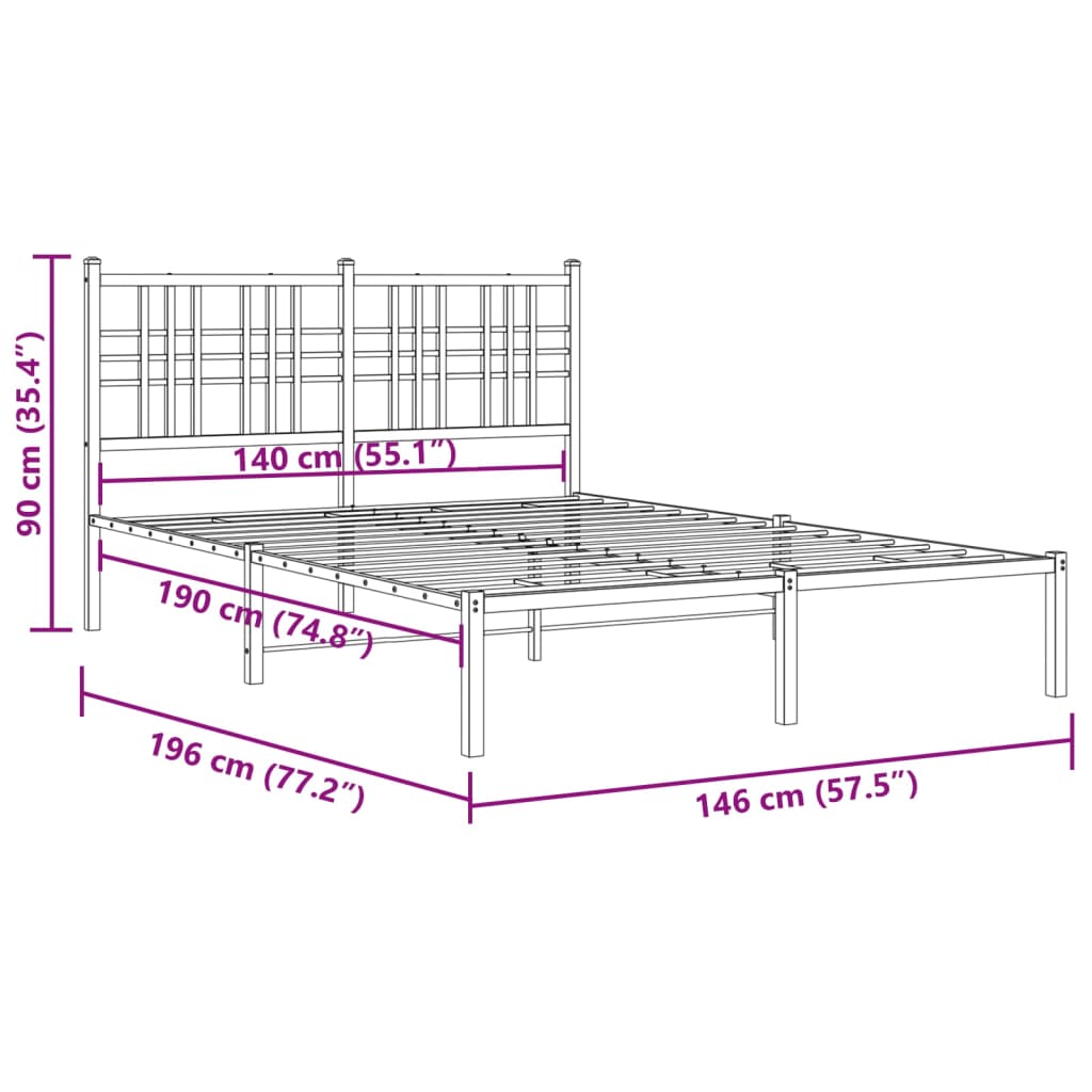 Metalni okvir za krevet s uzglavljem crni 140x190 cm