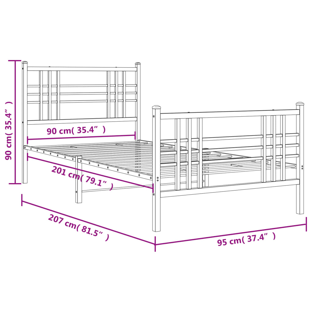 Metalni okvir kreveta uzglavlje i podnožje crni 90 x 200 cm