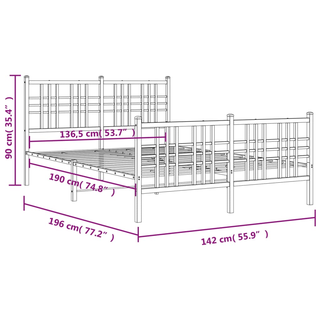 Metalni okvir kreveta uzglavlje i podnožje crni 137x190 cm