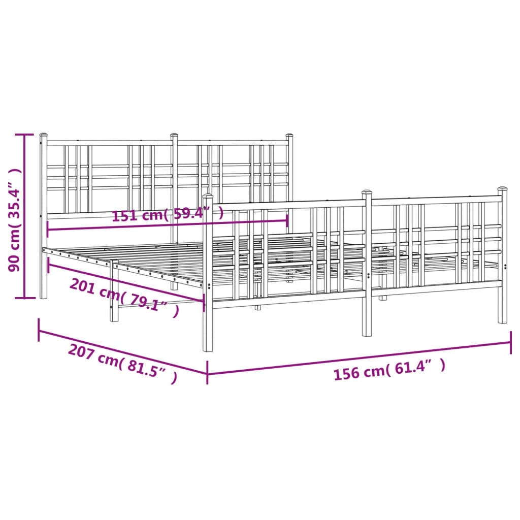Metalni okvir kreveta uzglavlje i podnožje crni 150x200 cm