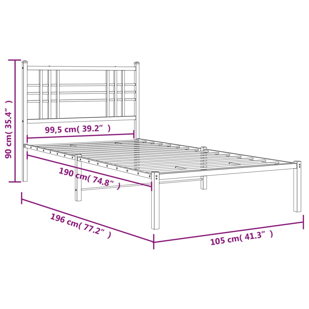 Metalni okvir za krevet s uzglavljem bijeli 100x190 cm