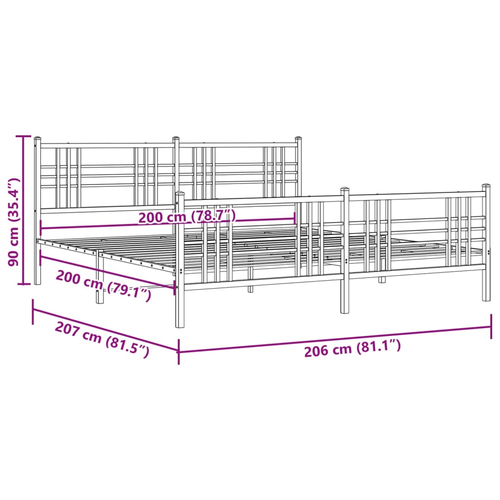 Metalni okvir kreveta uzglavlje i podnožje bijeli 200x200 cm