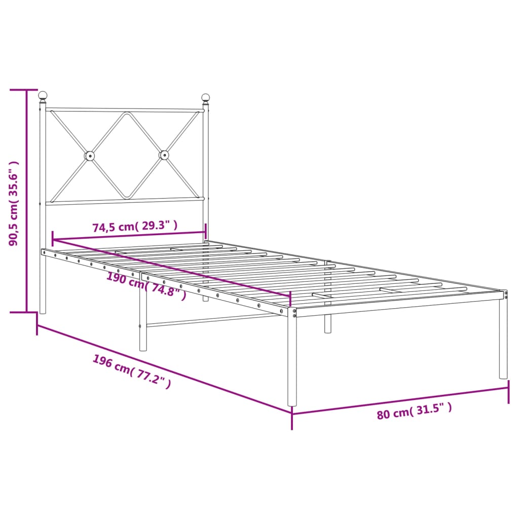 Metalni okvir za krevet s uzglavljem crni 75x190 cm