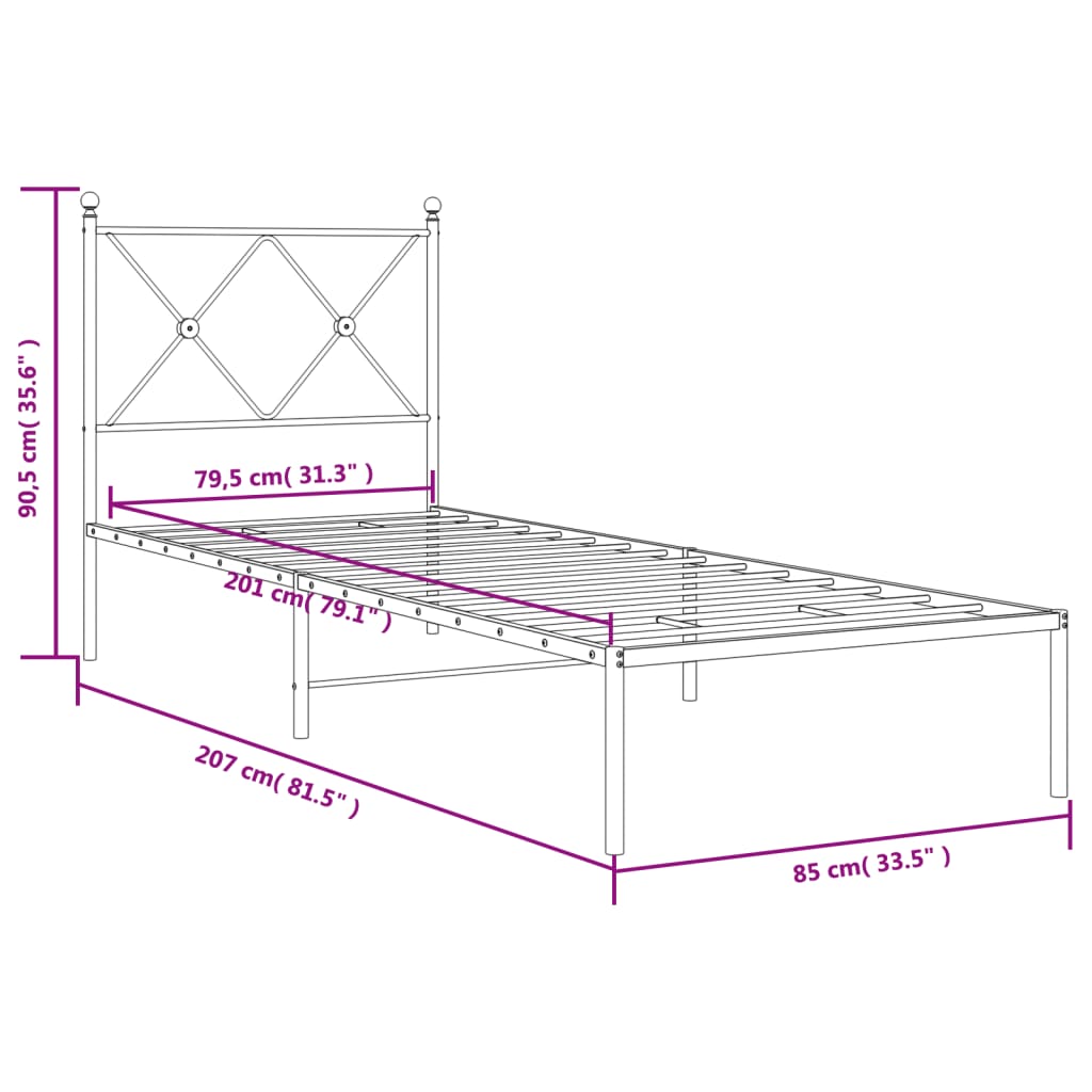 Metalni okvir za krevet s uzglavljem crni 80x200 cm