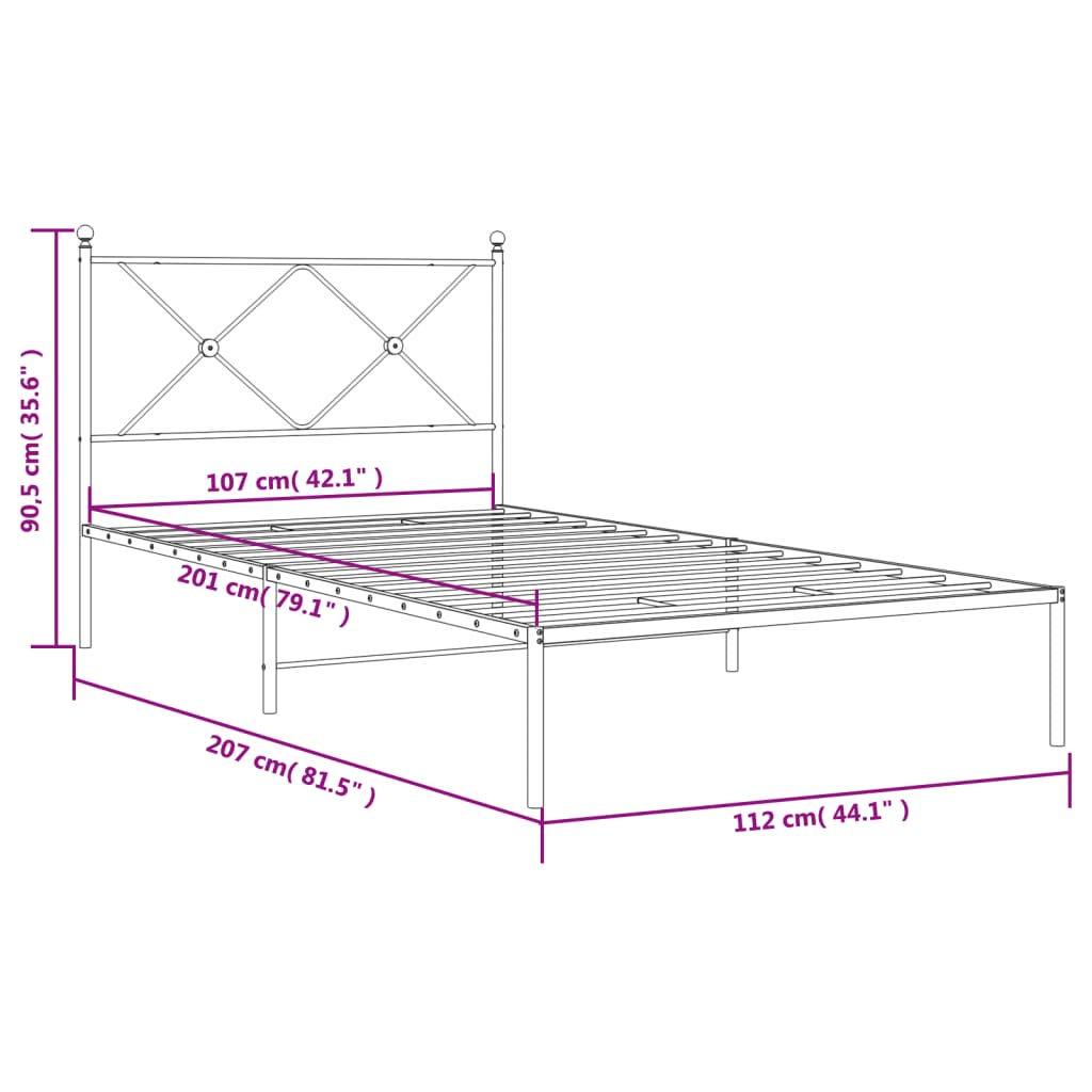 Metalni okvir za krevet s uzglavljem crni 107x203 cm