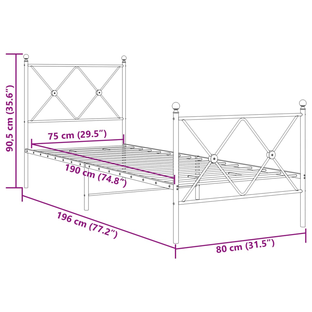 Metalni okvir kreveta uzglavlje i podnožje crni 75x190 cm