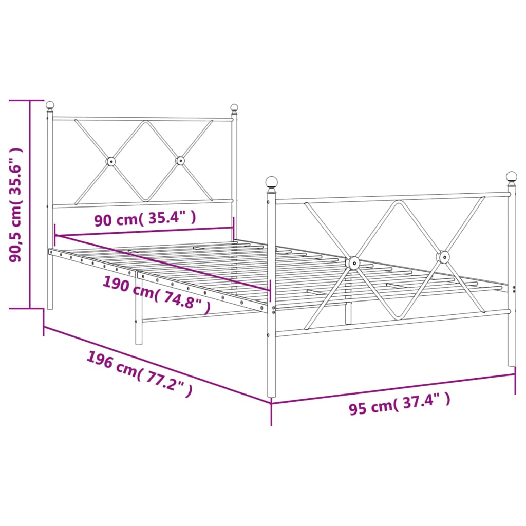 Metalni okvir kreveta uzglavlje i podnožje crni 90x190 cm