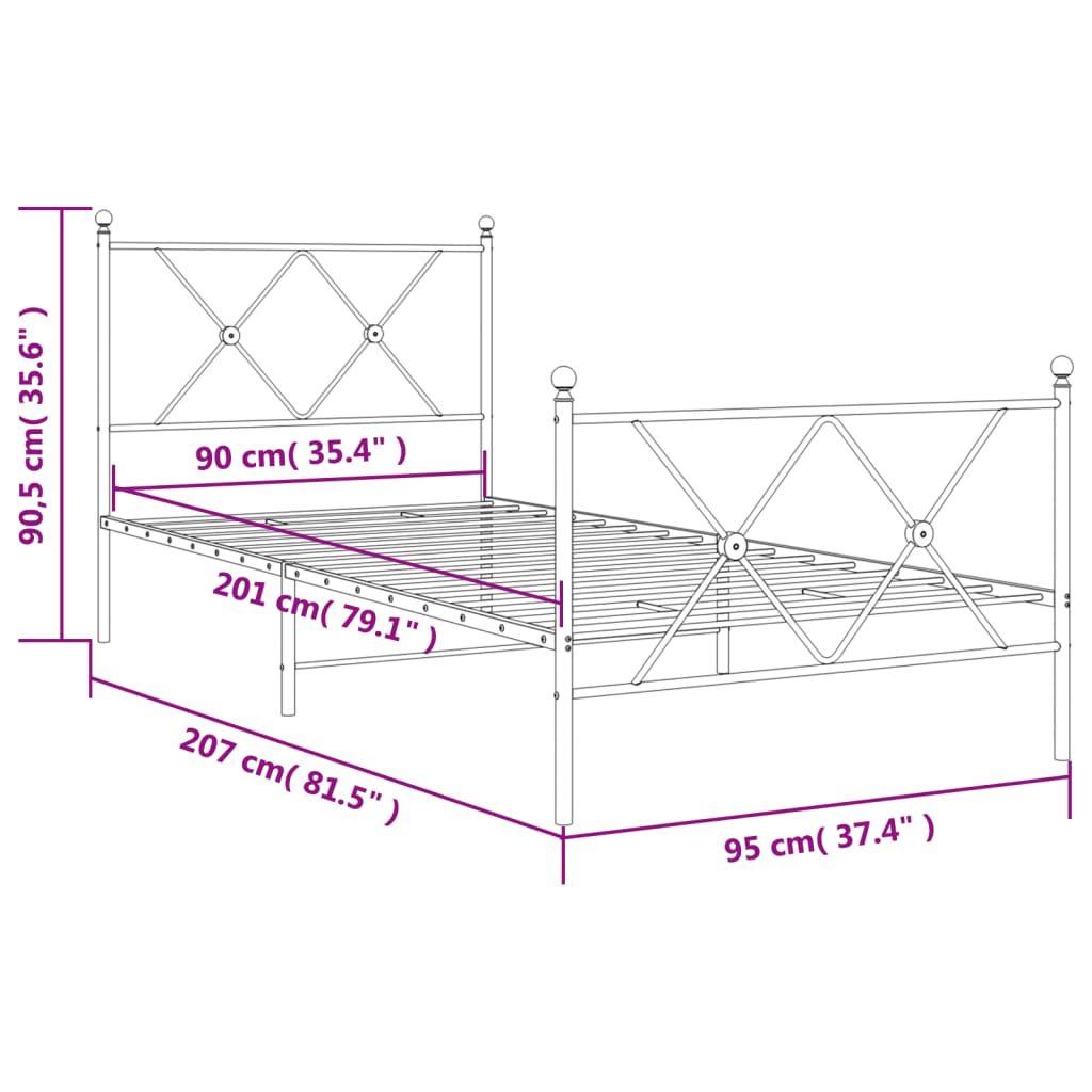 Metalni okvir kreveta uzglavlje i podnožje crni 90 x 200 cm
