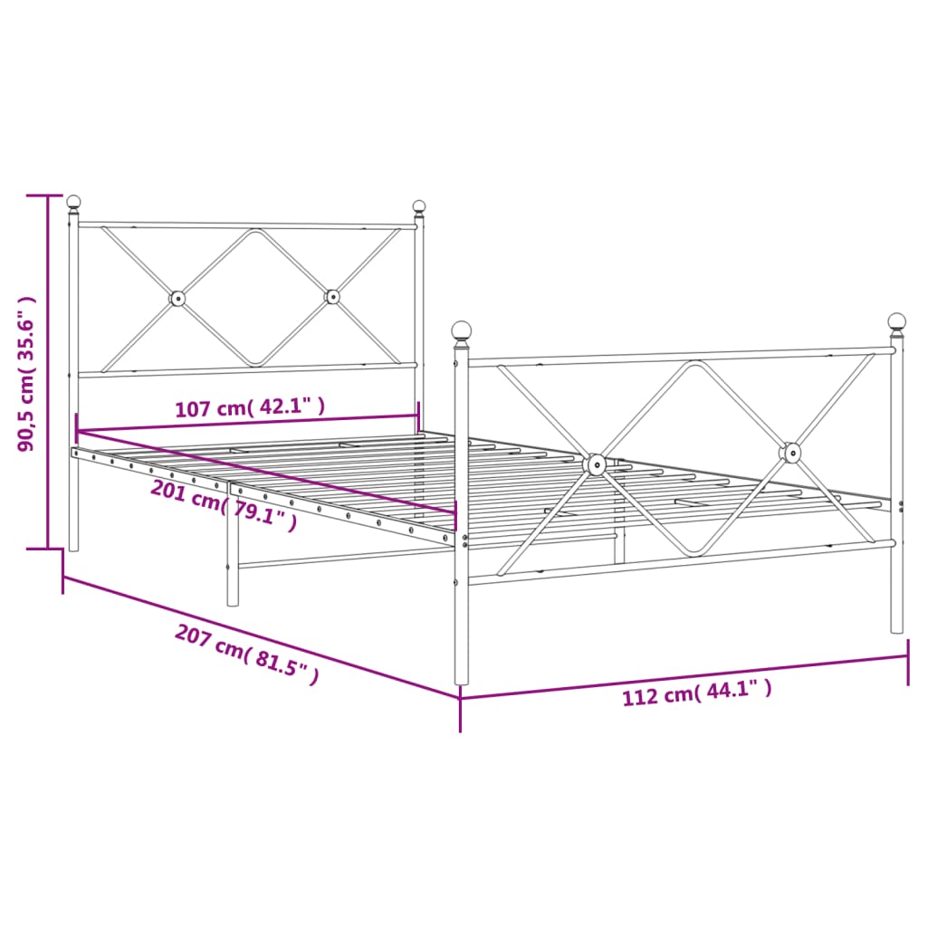Metalni okvir kreveta uzglavlje i podnožje crni 107x203 cm
