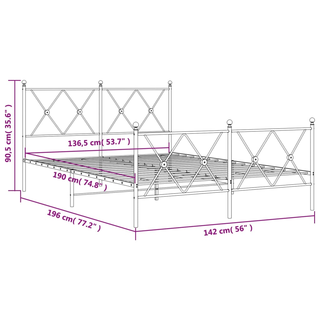 Metalni okvir kreveta uzglavlje i podnožje crni 137x190 cm