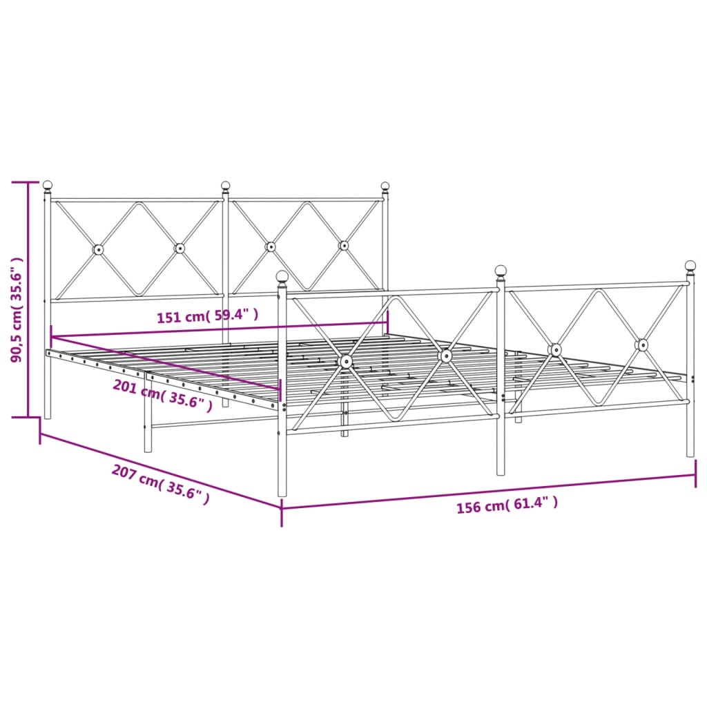 Metalni okvir kreveta uzglavlje i podnožje crni 150x200 cm