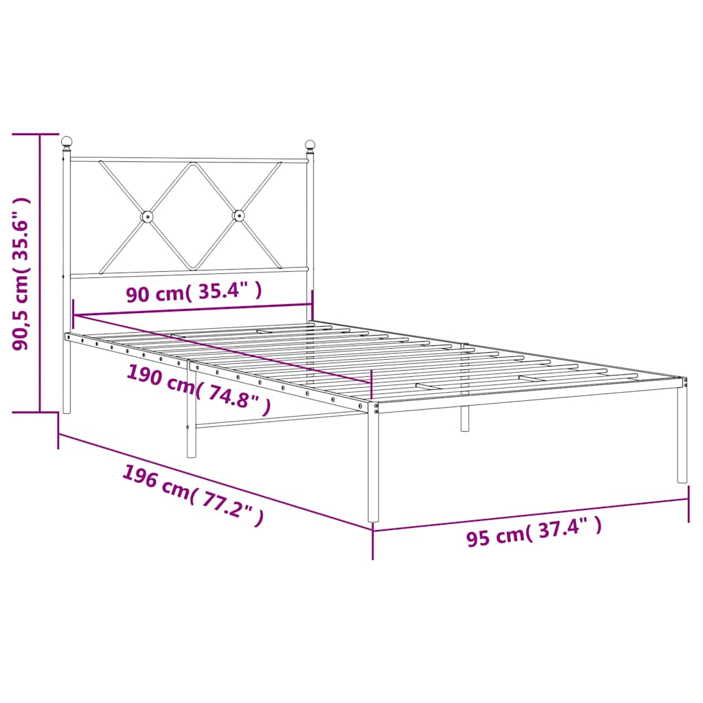 Metalni okvir za krevet s uzglavljem bijeli 90 x 190 cm