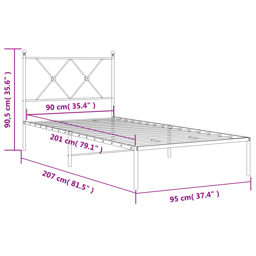 Metalni okvir za krevet s uzglavljem bijeli 90x200 cm