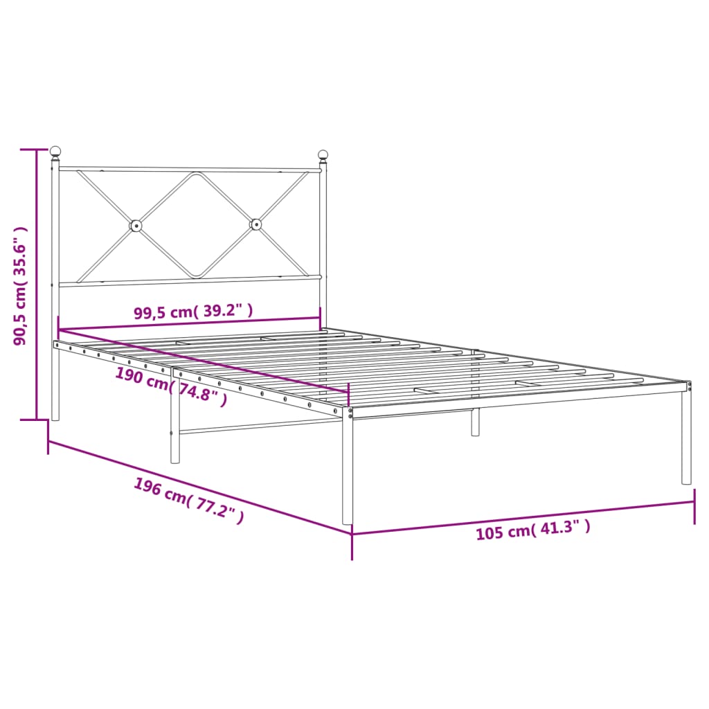 Metalni okvir za krevet s uzglavljem bijeli 100x190 cm