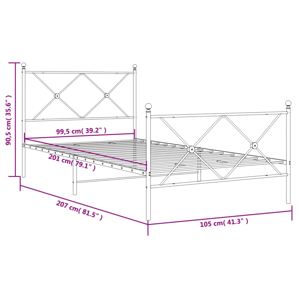 Metalni okvir kreveta uzglavlje i podnožje bijeli 100x200 cm