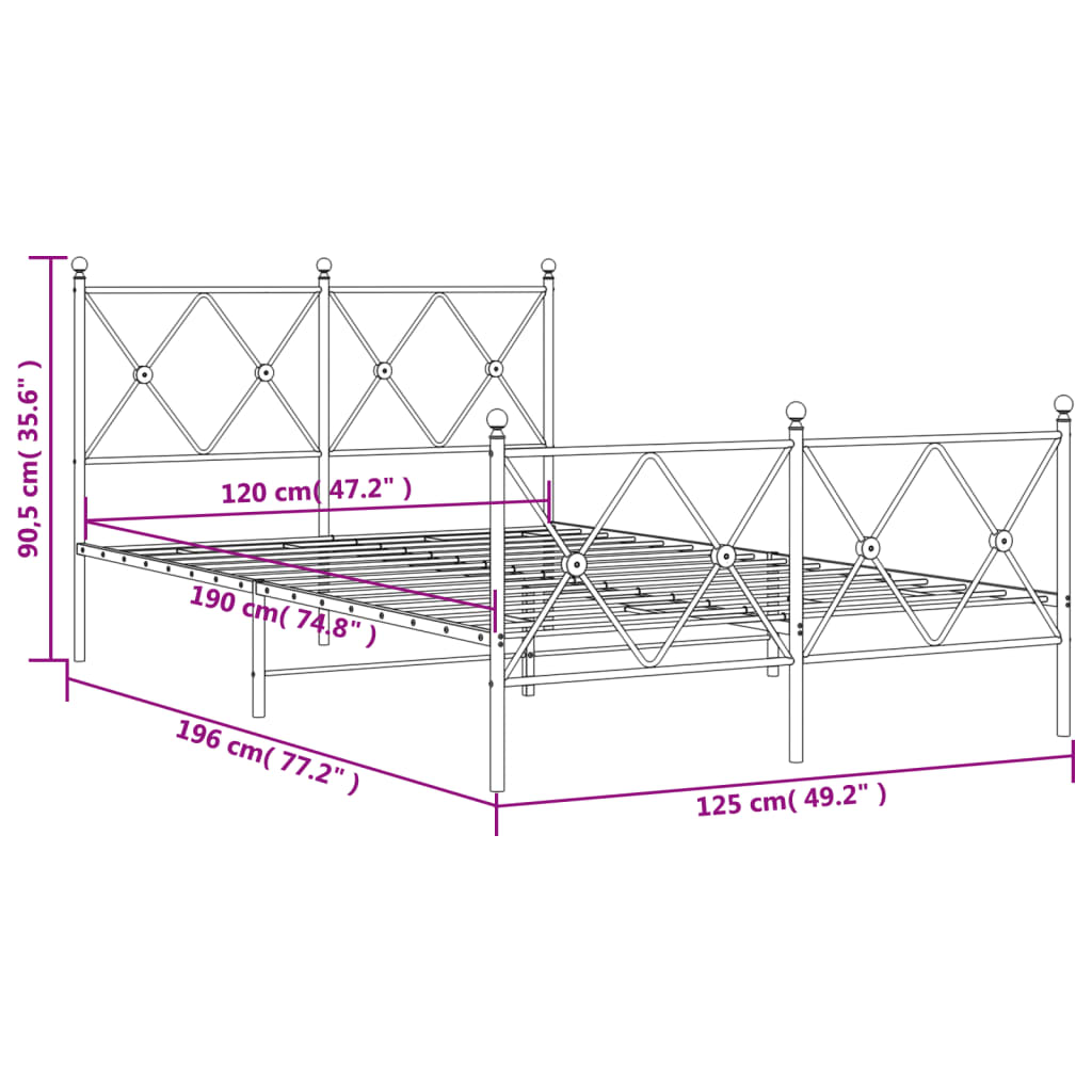 Metalni okvir kreveta uzglavlje i podnožje bijeli 120x190 cm