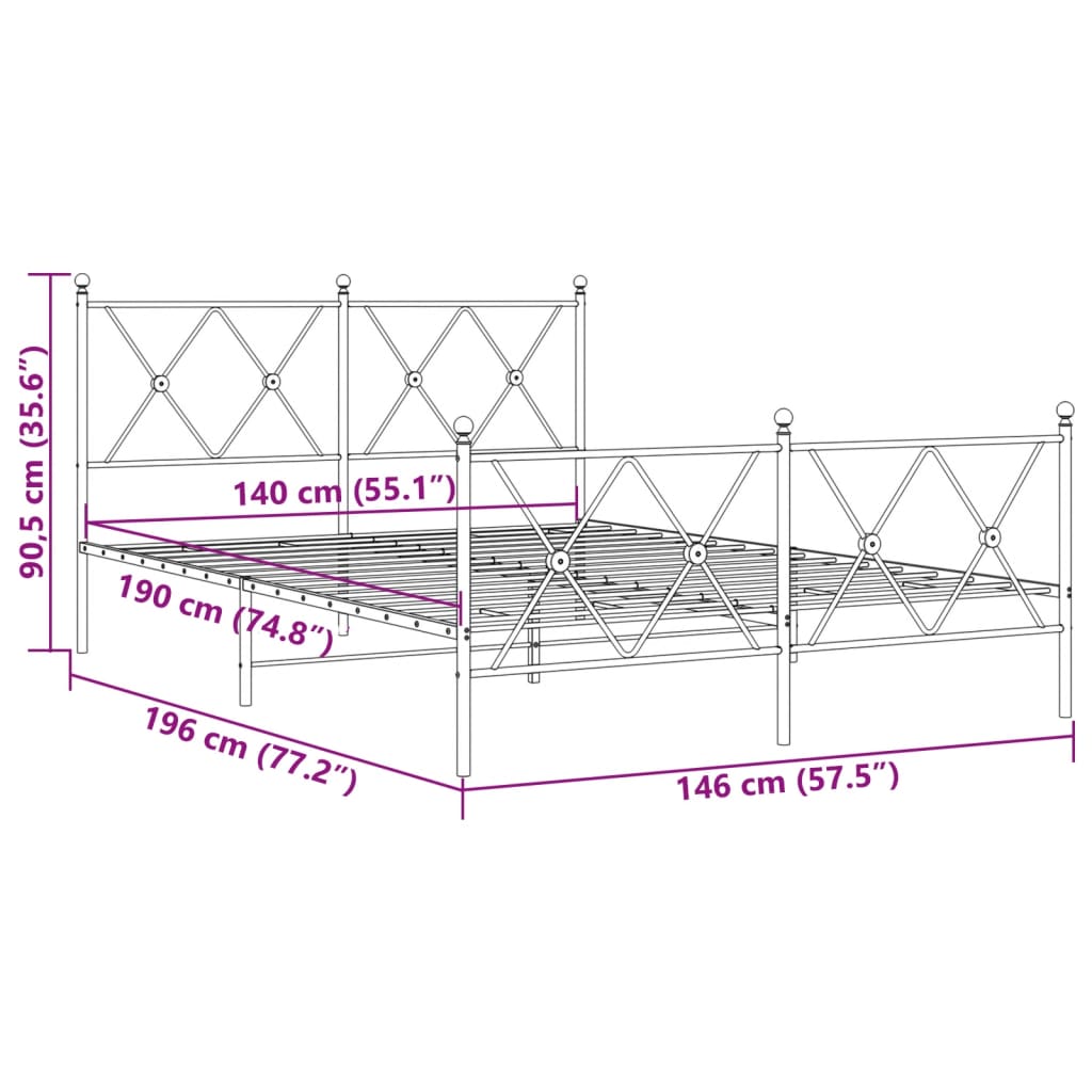Metalni okvir kreveta uzglavlje i podnožje bijeli 140 x 190 cm