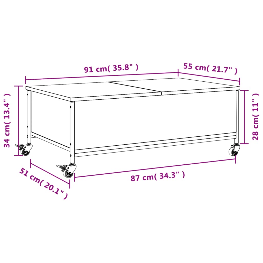 Stolić za kavu s kotačima smeđa boja hrasta 91x55x34 cm drveni