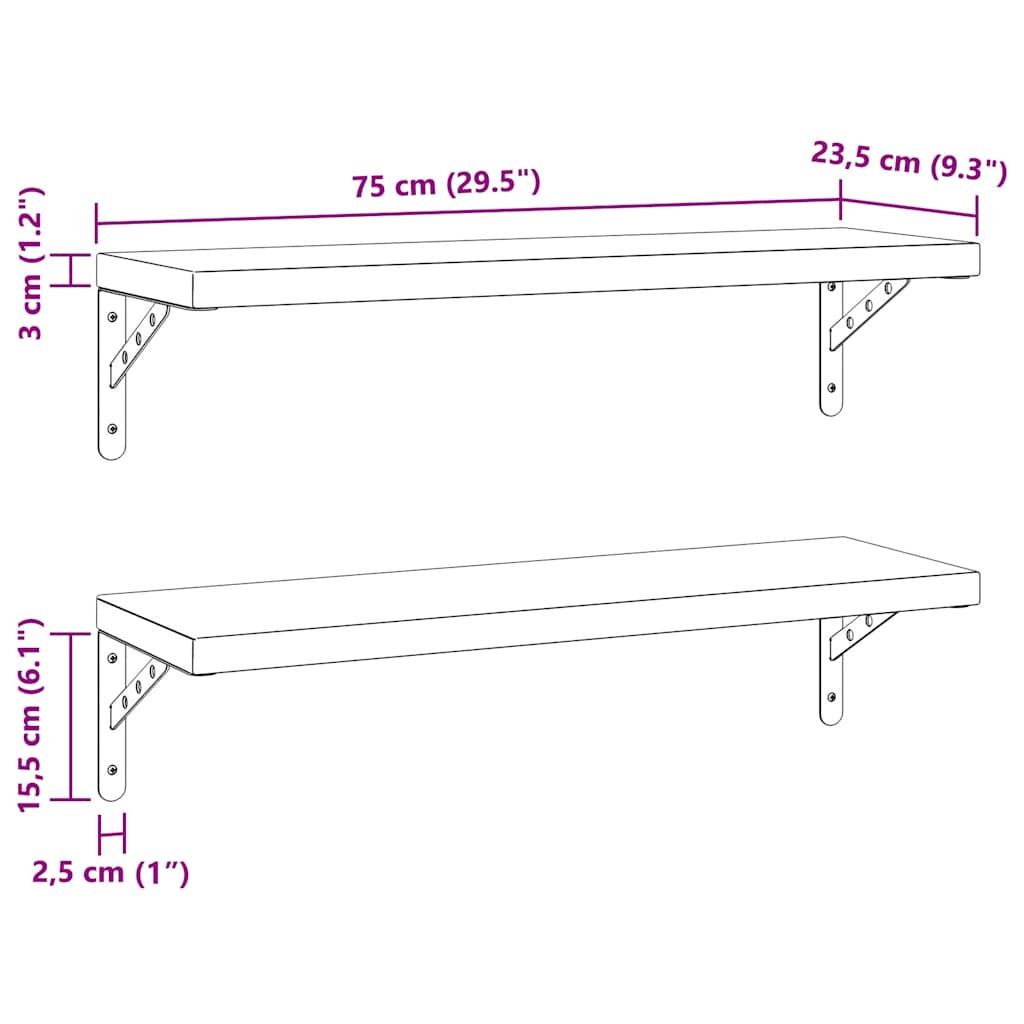 Zidne police 2 kom 75 x 23,5 cm srebrne nehrđajući čelik