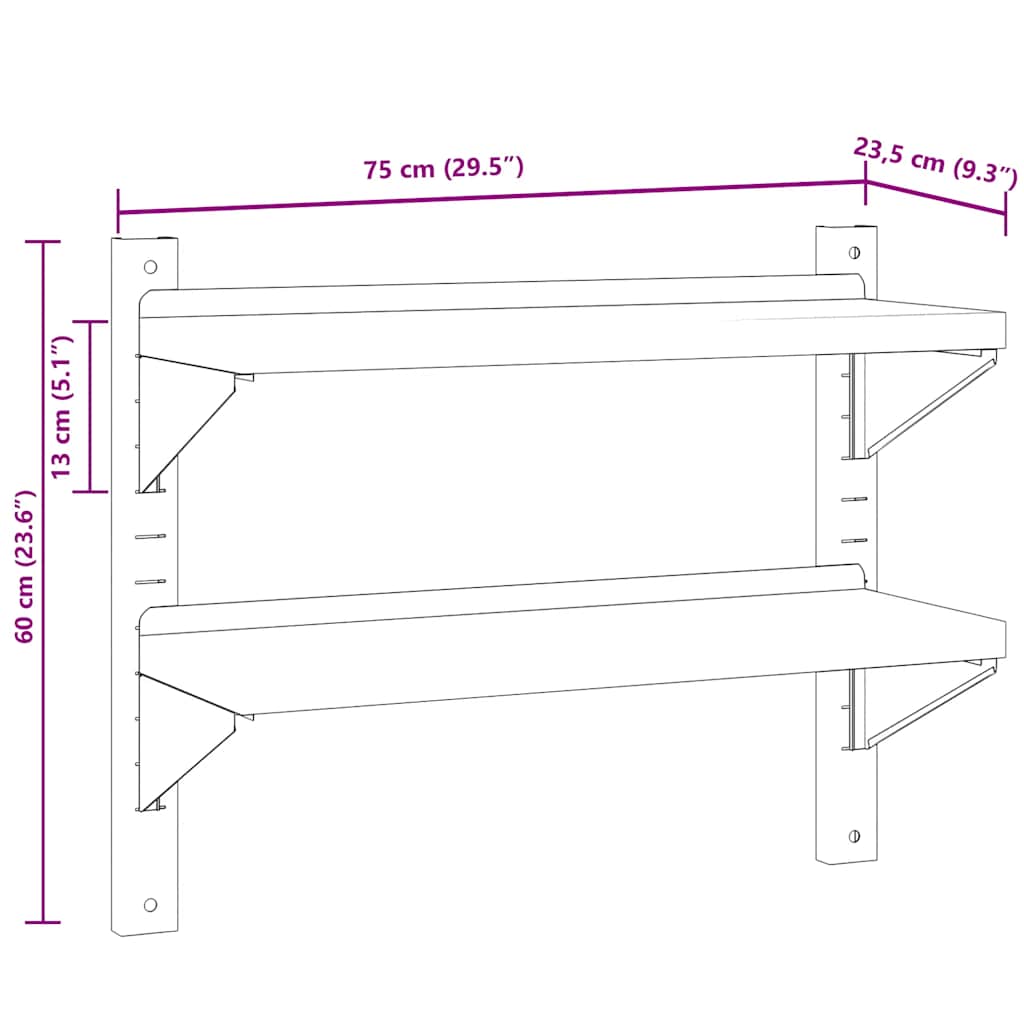Zidna polica s 2 razine 75x23,5x60 cm srebrna nehrđajući čelik