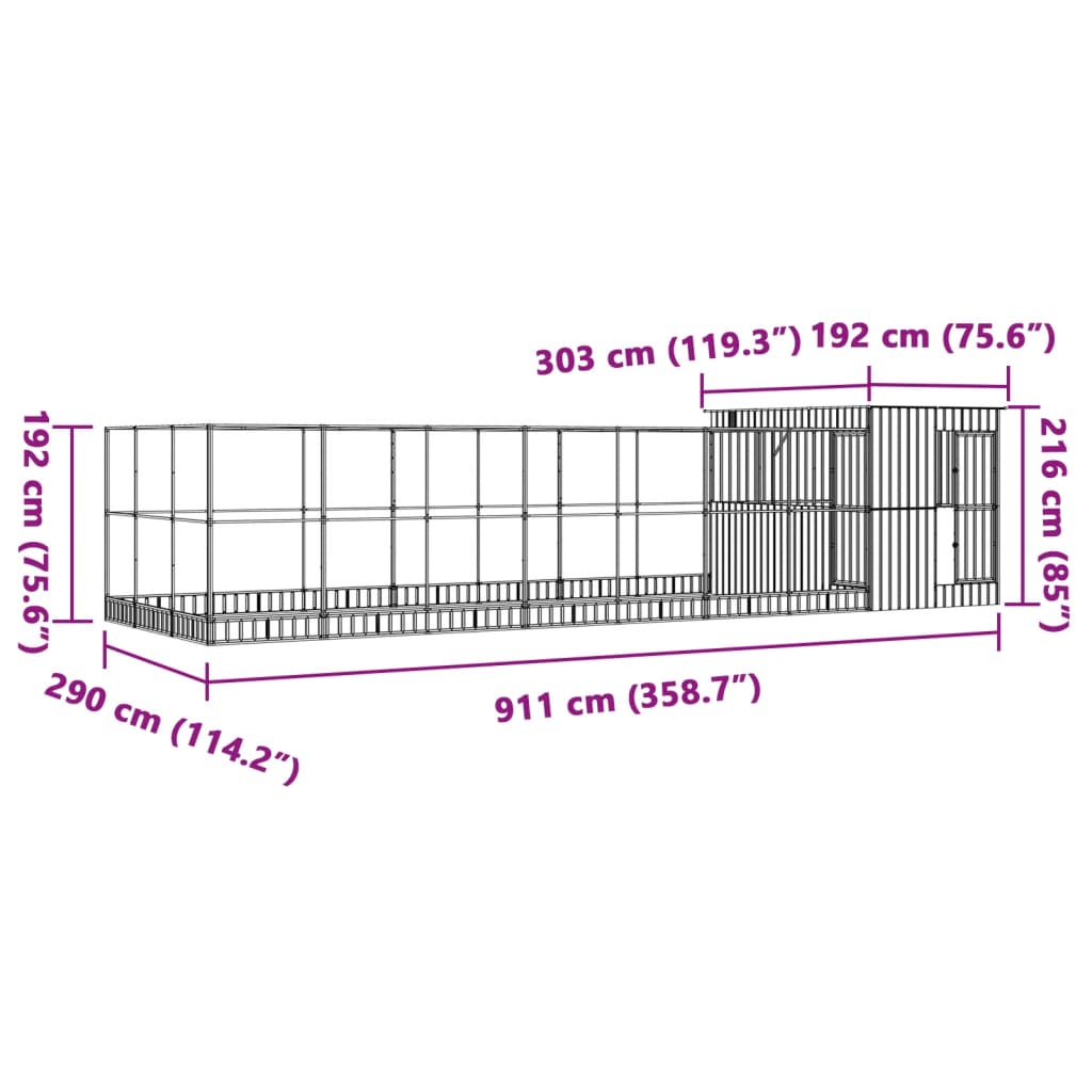 Kavez za ptice s produžetkom srebrni 911x303x216 cm čelični