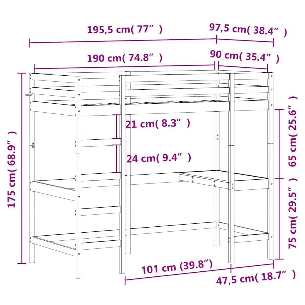 Krevet na kat s radnim stolom 90x190 cm od masivne borovine