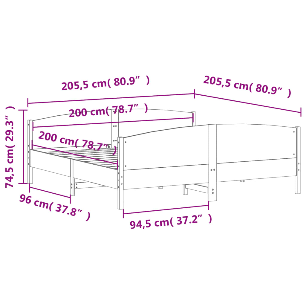 Okvir kreveta bez madraca 200 x 200 cm od masivne borovine