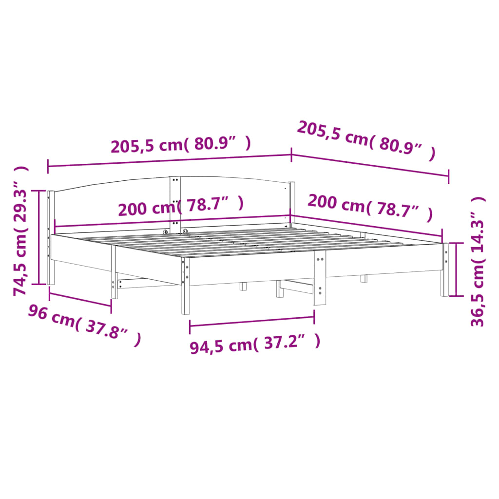 Okvir kreveta bez madraca 200 x 200 cm od masivne borovine