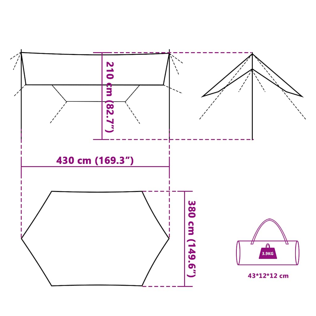 Cerada za kampiranje zelena 430 x 380 x 210 cm vodootporna