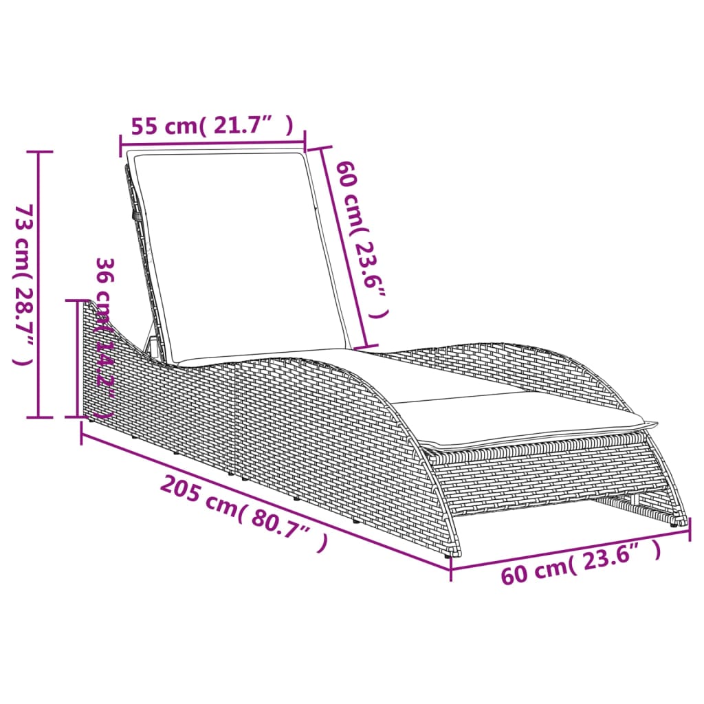 Ležaljka za sunčanje s jastukom bež 60x205x73 cm poliratan