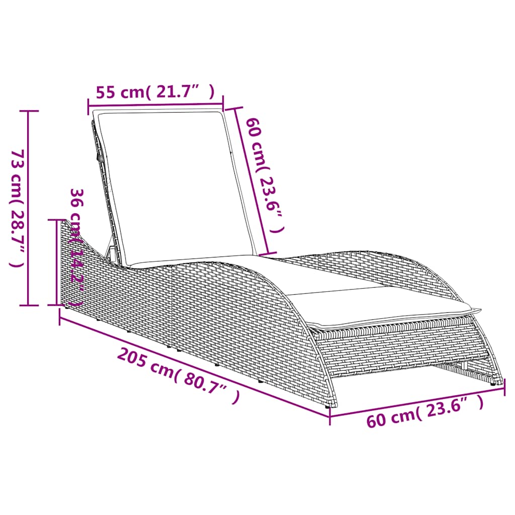 Ležaljka za sunčanje s jastukom smeđa 60x205x73 cm poli ratan