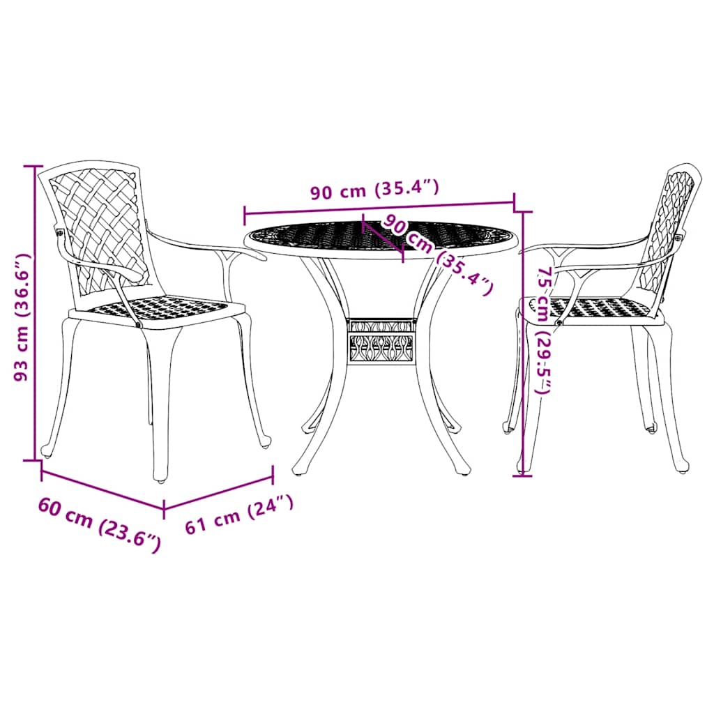 3-dijelni bistro set crni od lijevanog aluminija
