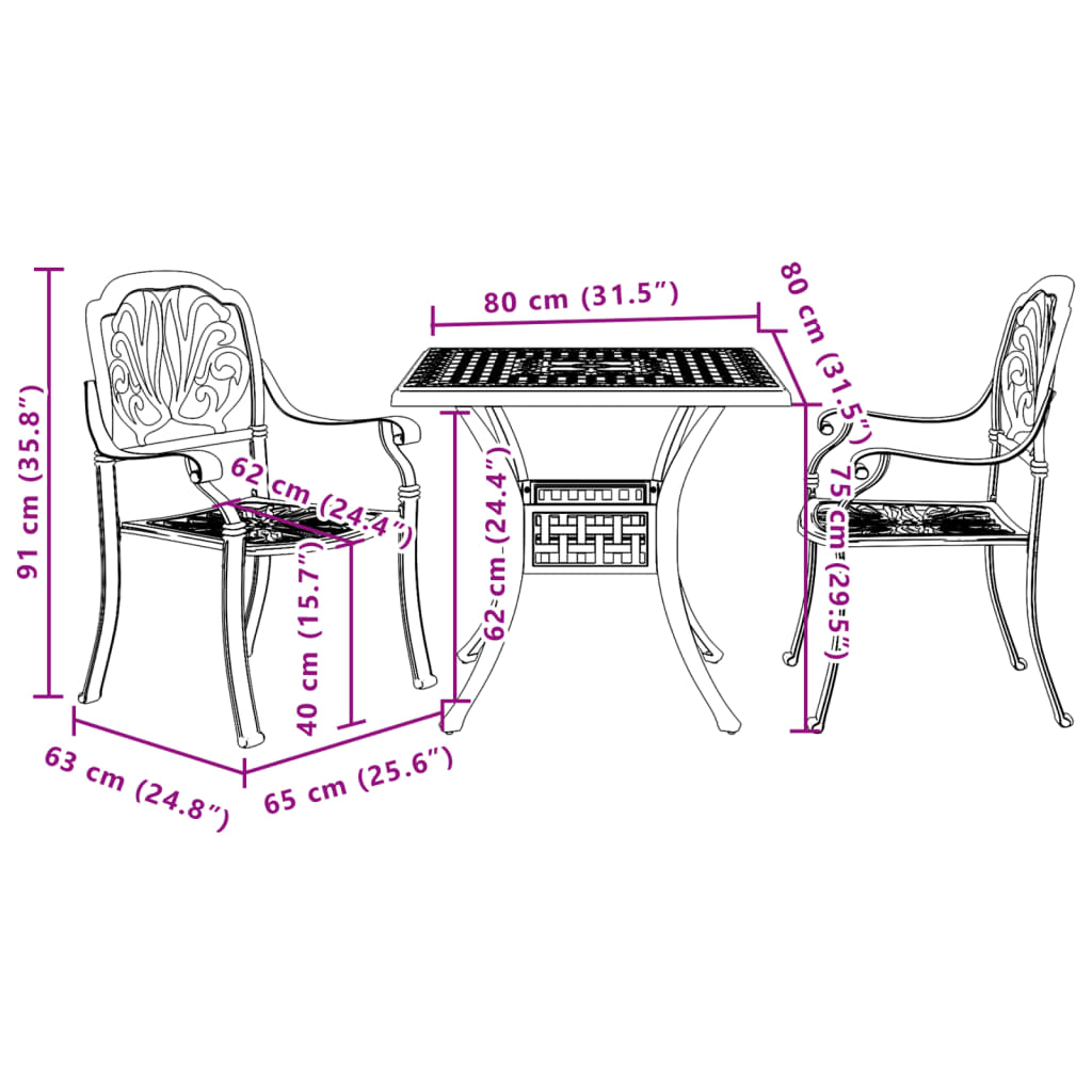 3-dijelni bistro set crni od lijevanog aluminija