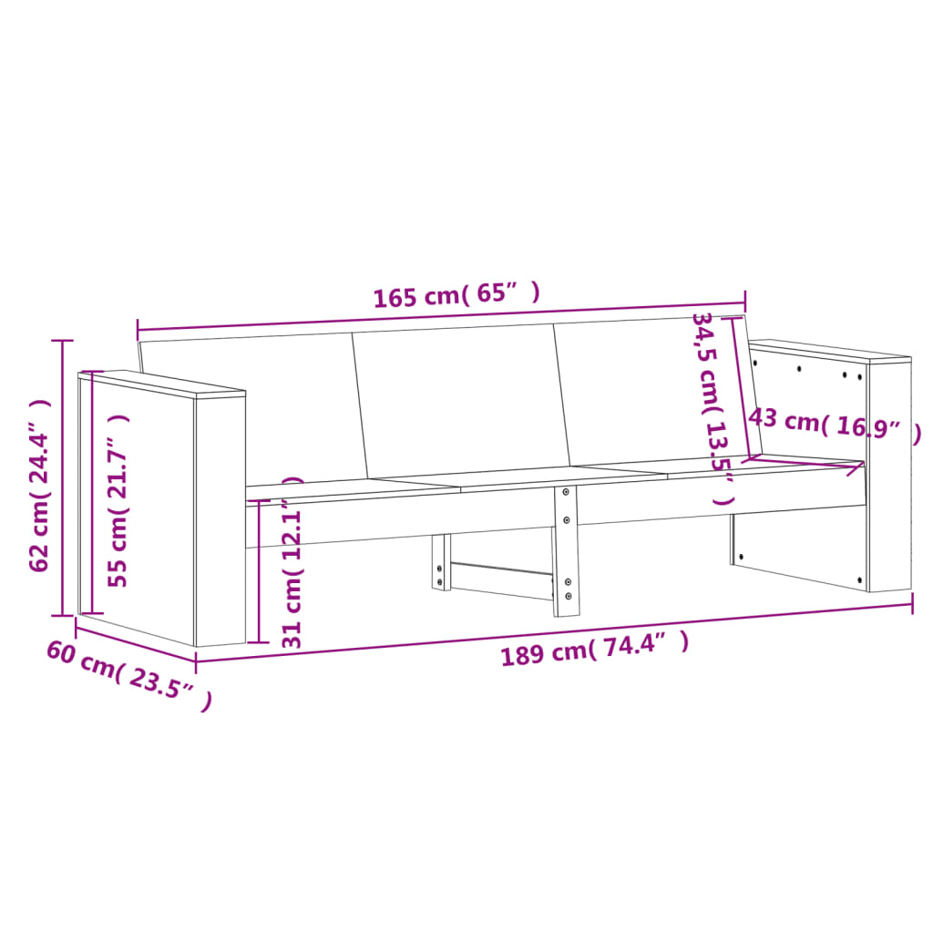 Vrtni trosjed bijeli 189 x 60 x 62 cm od masivne borovine